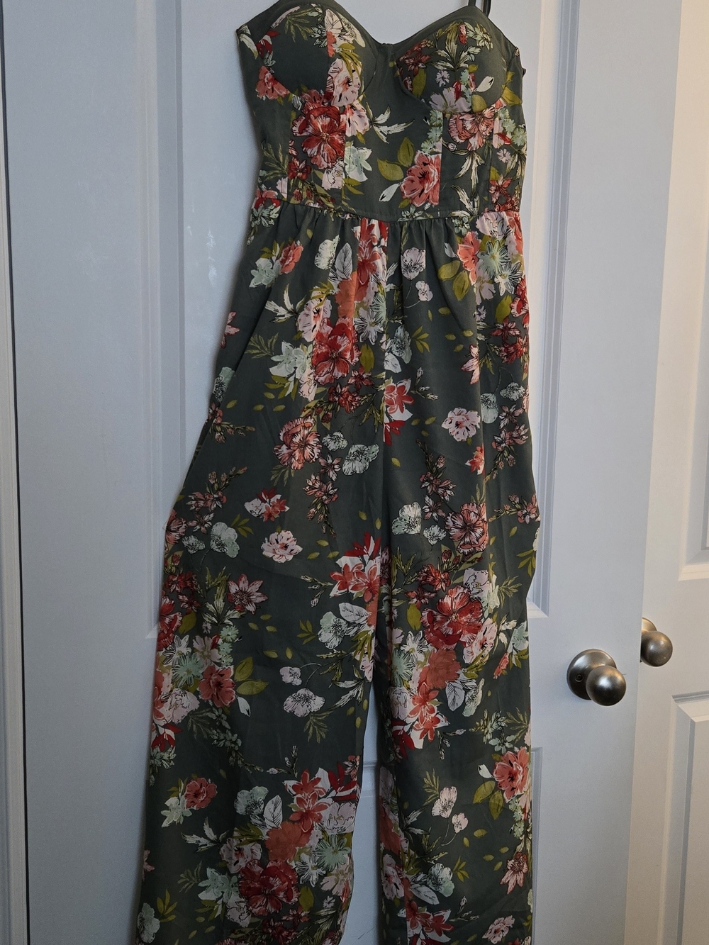 Strapless Floral Jumpsuit in Olive Green